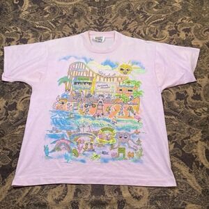 Vtg 90s Surfside Arcadia Beach Big Print Pink T Shirt Mens Size XL California